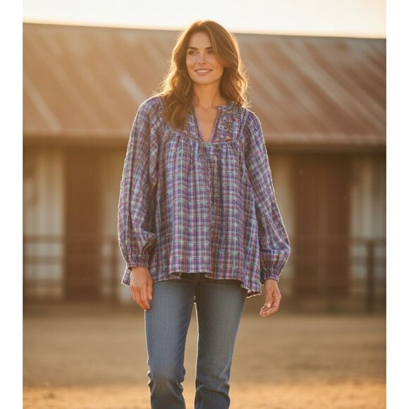 Sundance Peasant Embroidered Top Women Small Blue Plaid Puff Sleeves Boho Dainty - Picture 2 of 16